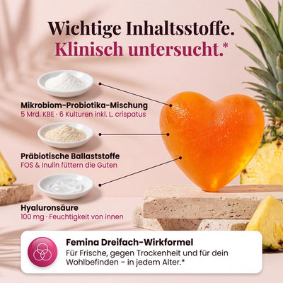 Wichtige Inhaltsstoffe: Probiotika, Präbiotika, Hyaluronsäure