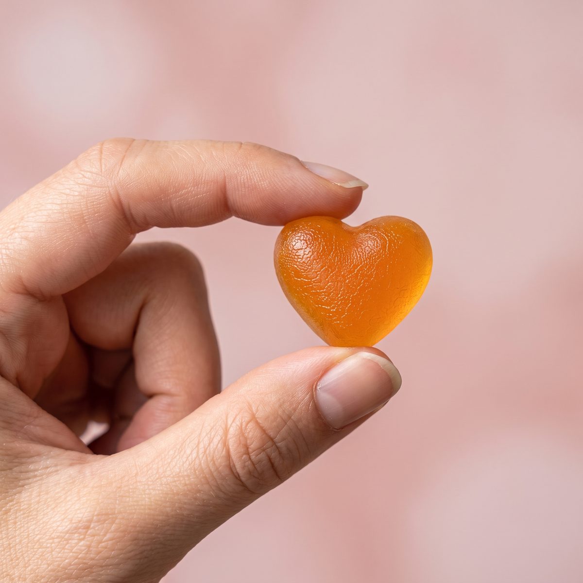 Hand hält ein herzförmiges Fruchtgummi