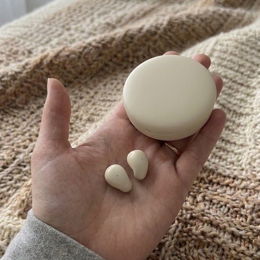 Reluno Mini case and earbuds in one palm